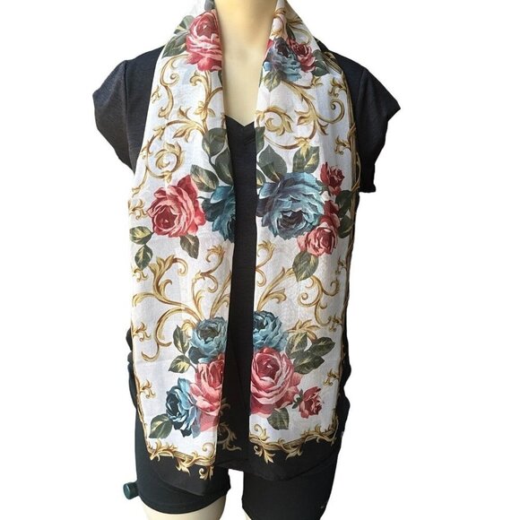 Scarves Scarf Paisley Blue Floral Roses‎ Multicolor Set Of 2 Sheer 58"x 13" - Picture 9 of 12